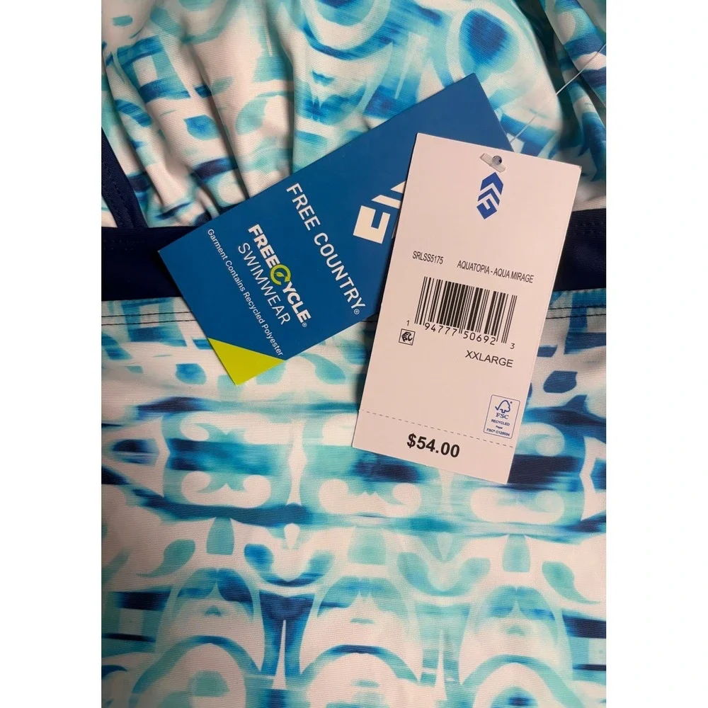 Free Country Aquatopia Tankini Top Aqua Mirage Blue White Strappy‎ Back XXL New